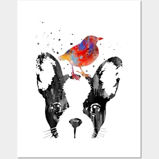 French Bulldog with bird, French Bulldog peeking Posters and Art